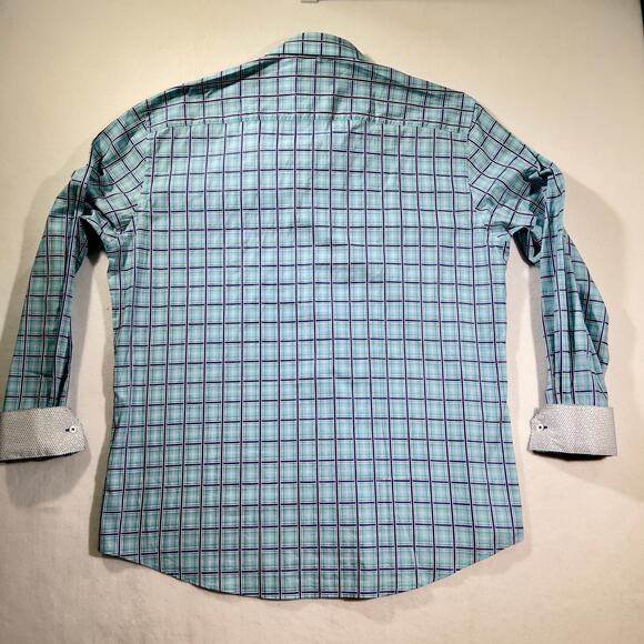 Bugatchi Uomo Button Shirt Men XXL ** Shaped Fit ** Flex Cuffs Blue White Check - Picture 6 of 13